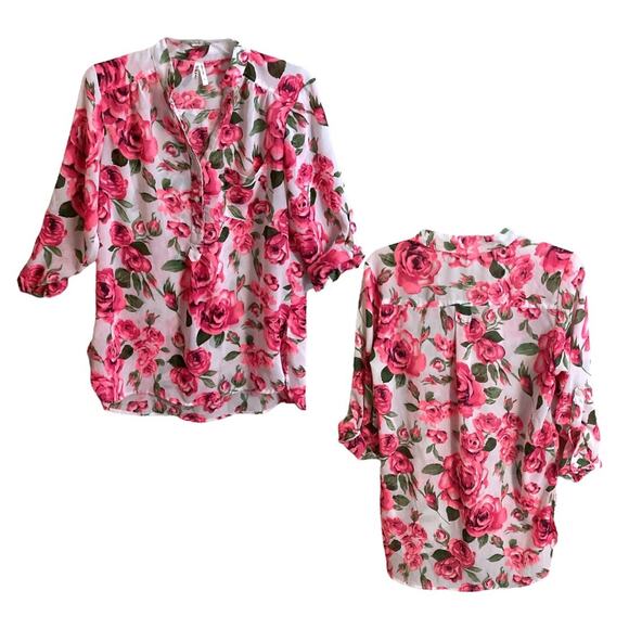 I Live 4 Truth Blouse Women Size L Pink Floral Hi Low Hem Roll Tab Sleeve - Picture 1 of 11